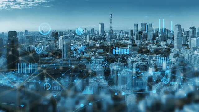 Stunning aerial view of a modern urban skyline showcasing dynamic data visualization elements, ideal for themes of technology, analytics, and urban development. Xenic