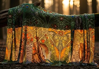 Art Nouveau Jungle Scarf with Safari Animal Patterns Draped on Log in Forest Sunlight Botanical Ornamental Textile
