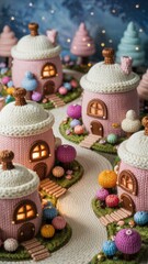 Obraz premium A knitted village with houses in the shape of acorns. The roofs of the houses are covered with knitted snow, knitted trees, flowers and shrubs in the snow. Curved knitted paths wind between the houses