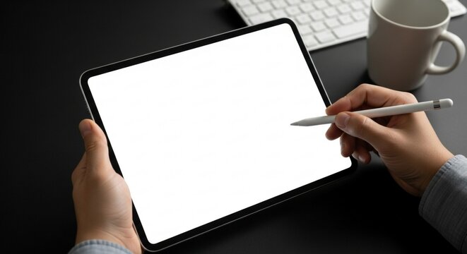 Using tablet mockup with pencil for digital art and design on black desk with keyboard and coffee mug