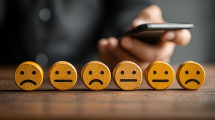 Businessman uses smartphone to give customer service rating with satisfaction level and feedback system for online review on digital marketing concept