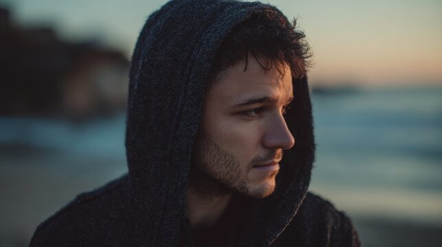 A young man wearing a dark hoodie looks contemplative while standing on the beach at sunset. Gentle waves lap at the shore as the sun sets in the background.
