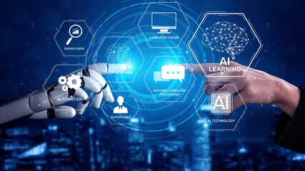 AI learning system involves deep learning, supervised machine learning, and natural language processing. AI learning diagram shows how AI advances learn in automation and data processing. Muxer - Powered by Adobe