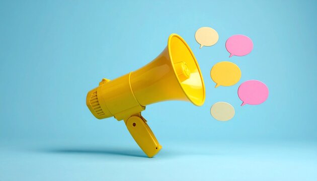Conceptual image of a yellow megaphone and speech bubbles against a blue backdrop