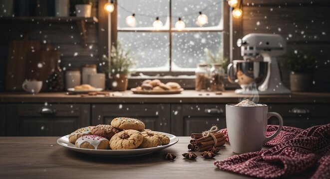 Winter Kitchen Comfort: A cozy kitchen scene with a plate of cookies and a warm mug, illuminated by the glow of the lights, with snow falling outside the window. A sense of warmth.