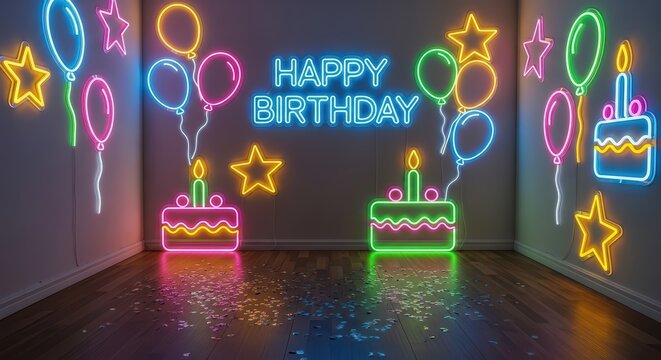 Neon birthday celebration with balloons, cakes, stars, and happy birthday sign