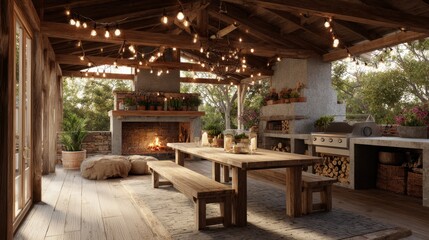 A cozy outdoor kitchen and dining space features wooden furniture a fireplace and string lights. The relaxing atmosphere is perfect for gatherings in a natural setting.
