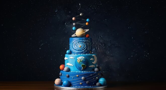 Solar system themed cake with planets and galaxy decorations on blue background