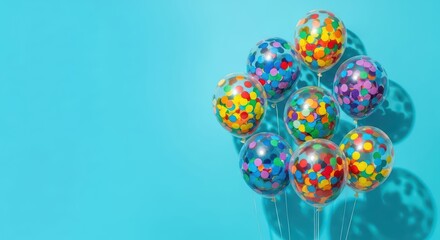 Colorful confetti-filled balloons on vibrant blue background