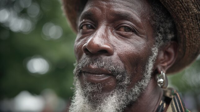 A man with a grey beard and a straw hat smiles softly while surrounded by greenery at a summer gathering in a vibrant park setting showcasing joy and community.