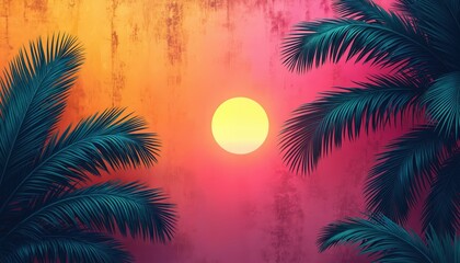 Artistic photo depicts a tropical sunset. Silhouette of palm tree leaves with a gradient sky. Vivid colors sun at sunset. Nature scene. Calm vacation mood.