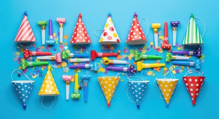 Colorful party hats and noisemakers on blue background