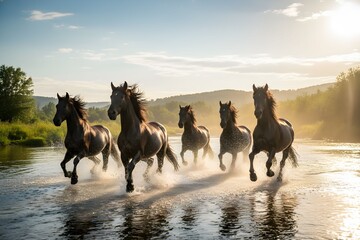 Horses Running down a River