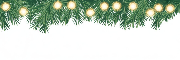 Festive Christmas garland with pine branches and string lights holiday decoration element isolated on white background