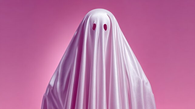 Person dressed as a ghost in a white sheet against a pastel pink background for a minimal halloween concept