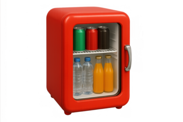 Red mini fridge with assorted drinks and beverages, providing cool refreshment on transparent background