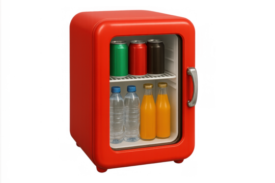 Red mini fridge with assorted drinks and beverages, providing cool refreshment on transparent background