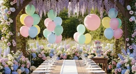 Colorful outdoor wedding party with balloons and floral decorations