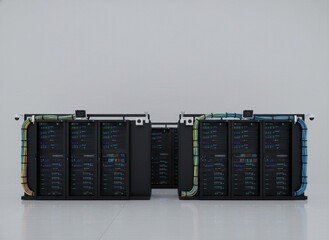 Modern server racks with organized colorful cables and CCTV cameras in a minimalist data center against a white background