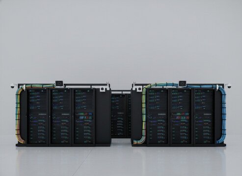 Modern server racks with organized colorful cables and CCTV cameras in a minimalist data center against a white background