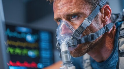 Athlete performs exercise test with oxygen mask in Laboratory Setting, health monitoring showcases fitness and controlled Environment