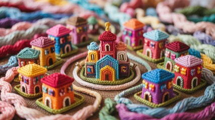 Naklejka premium A knitted little town with modern houses. There is a knitted church between the houses. Everything is made of yarn in bright colors.