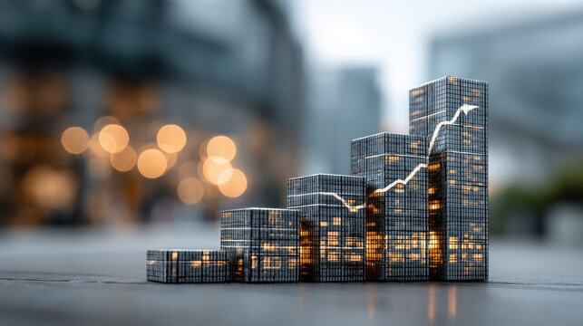 Representing business scaleup with stacks of coins, gears, and a miniature factory