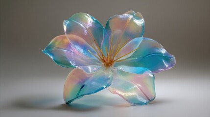 Naklejka premium A flower with a rainbow colored stem. The flower is made of plastic and is sitting on a white surface