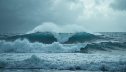 Naklejka premium Huge ocean waves crash during powerful sea storm. Giant water swell rolls with white foam under dramatic cloudy sky. Dangerous hurricane weather, strong winds create threatening seascape, raw natural
