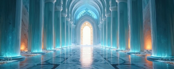 Naklejka premium Grand ice palace interior shows glowing crystal columns. Icy walls, shimmering floor reflect bright archway light. Warm orange hues accent cold blue tones. Magical fantasy realm offers truly majestic