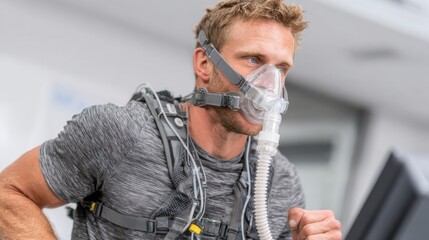 Athlete performs exercise test with oxygen mask in Laboratory Setting, health monitoring showcases fitness and controlled Environment