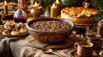 Traditional Orthodox Christmas Eve Dinner with Kutya and Festive Dishes, Eastern European Holiday Celebration