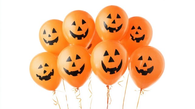 A bunch of orange balloons with faces on them. The balloons are arranged in a row and are all smiling