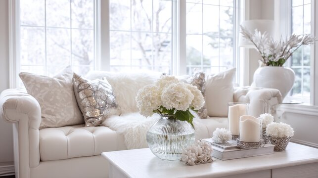 A white couch is sitting in front of a window with a vase of white flowers on it. The room is decorated with white furniture and white accessories, giving it a clean and minimalist look