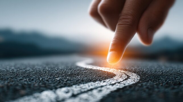 Person's finger follows road made of gold leading to final destination marked by pins