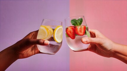 Two hands clink glasses filled with sparkling water and fruit slices against a colorful background. refreshing and vibrant, perfect for a celebration or casual gatherings without alcohol