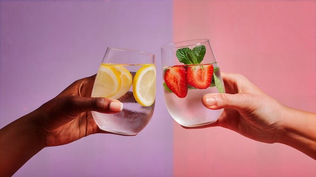 Two hands clink glasses filled with sparkling water and fruit slices against a colorful background. refreshing and vibrant, perfect for a celebration or casual gatherings without alcohol