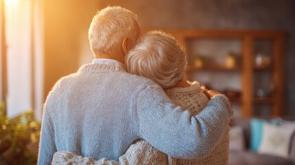 A couple of older people are hugging each other in a living room. Scene is warm and affectionate