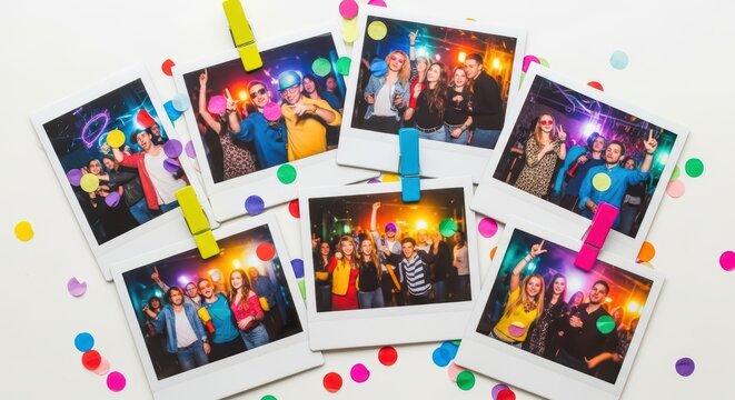Vibrant party photos with diverse young adults celebrating with friends