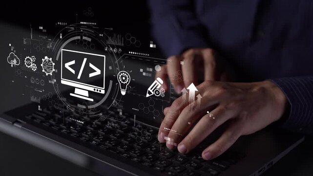 Modern web development concept featuring coding symbols, web development process, web development interface, and web development tools with futuristic design. Muxer