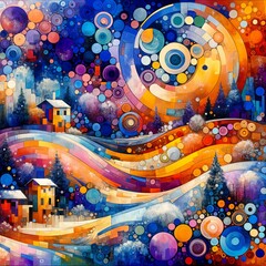 A vibrant and abstract depiction of a winter landscape features swirling patterns and bright colors. Snow-covered trees and houses add depth to the fantastical scene, (Gen, A.I.)