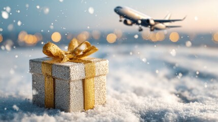 A gold and silver box with a bow on top sits on top of a snowy field. In the background, an airplane can be seen flying. Concept of excitement and anticipation for the gift inside the box