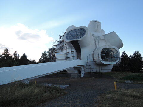 Krusevo,Macedonia-May 5 2024:Futuristic Ilinden Monument, also known as Makedonium, located in Krusevo, North Macedonia. Symbol of revolution, history, and modernist architecture in the Balkans