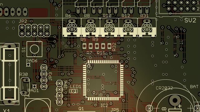 Video animation with printed circuit board of electronic device with components of radio elements, 
conductors, contact pads placed on pcb. 
Engineering drawing. Computer technic cad design.