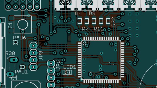 Video animation with printed circuit board of electronic device with components of radio elements, 
conductors, contact pads placed on pcb. 
Engineering drawing. Computer technic cad design.