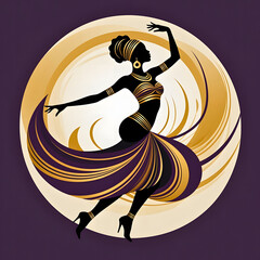 Elegant African dance silhouette in gold and purple abstract style
