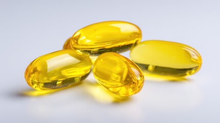 Four softgel capsules filled with yellow liquid are arranged on a smooth surface highlighting their glossy texture and vibrant color. These capsules are often used for dietary supplements.