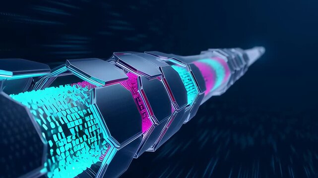 An encrypted data stream of glowing pink and blue binary code travels at high speed through a futuristic fiber optic cable, representing secure digital information transfer and cybersecurity.
