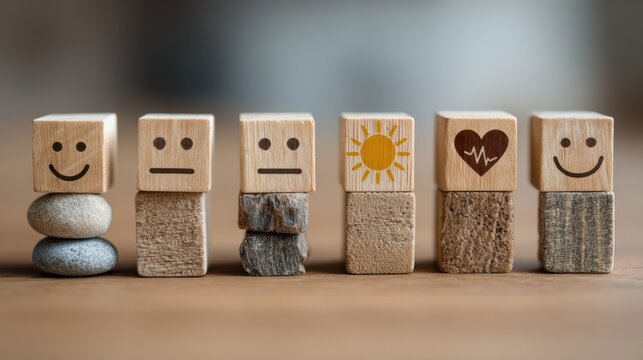 Employee wellbeing concept representing physical, mental and emotional health with wooden blocks and corresponding icons stacked on stones