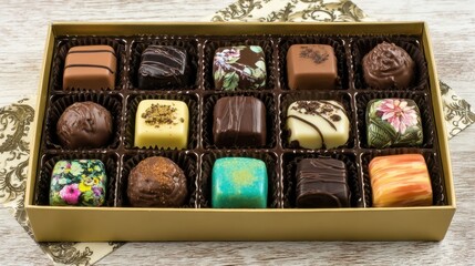 A box of assorted chocolates with a gold box and a white cloth. The chocolates are of different colors and flavors